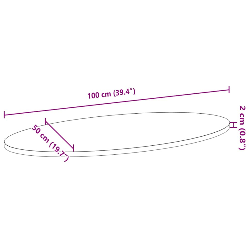 Tischplatte 100x50x2 cm Massivholz Eiche Oval