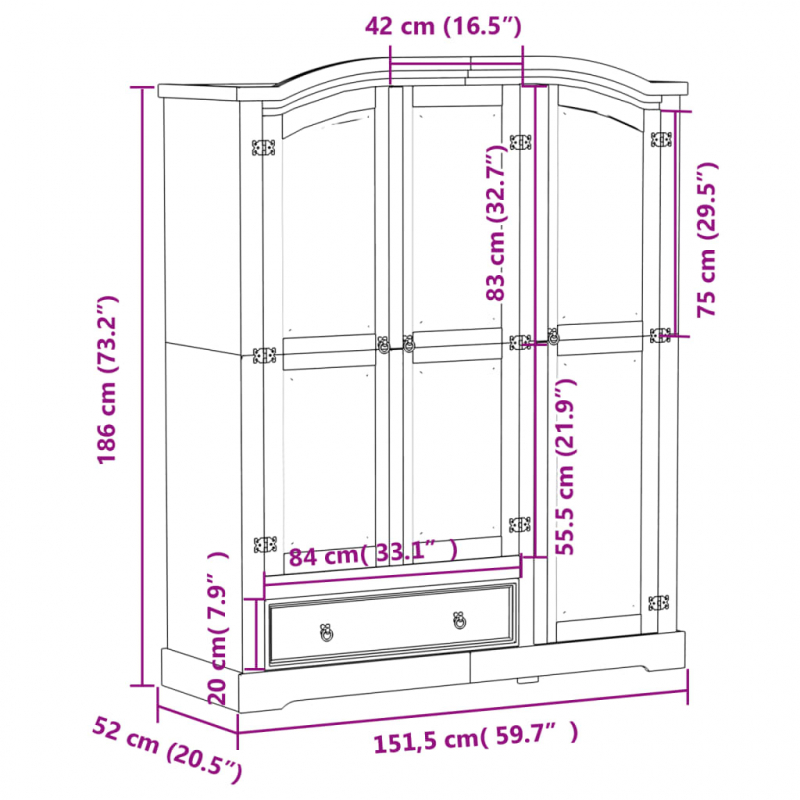 Kleiderschrank Corona Weiß 151,5x52x186 cm Massivholz Kiefer