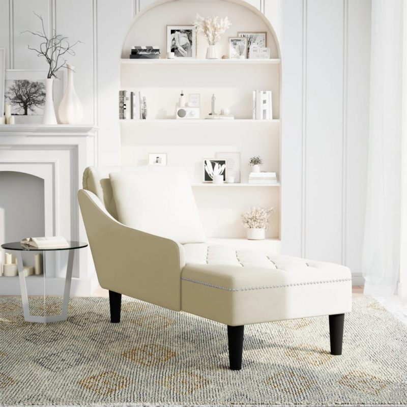 Chaiselongue mit Kissen und Rechter Armlehne Creme Samt