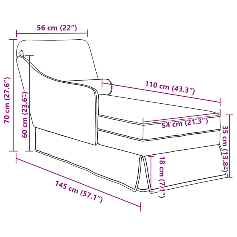 Chaiselongue mit Nackenrolle und Rechter Armlehne Schwarz Samt