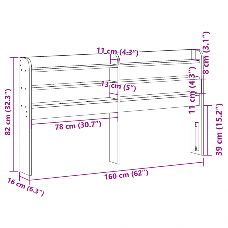 Kopfteil mit Ablagen 150 cm Massivholz Kiefer