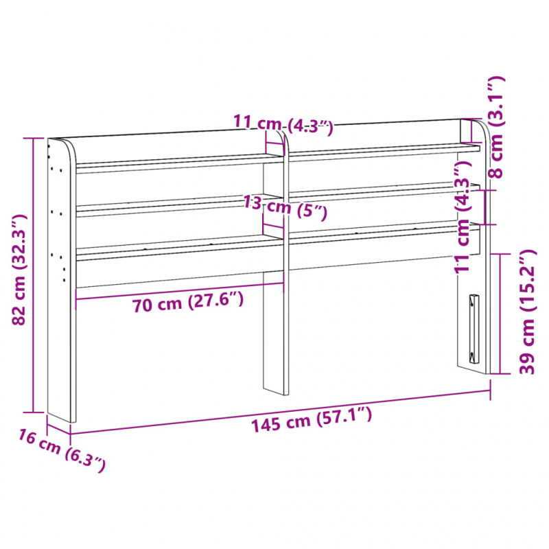 Kopfteil mit Ablagen 135 cm Massivholz Kiefer