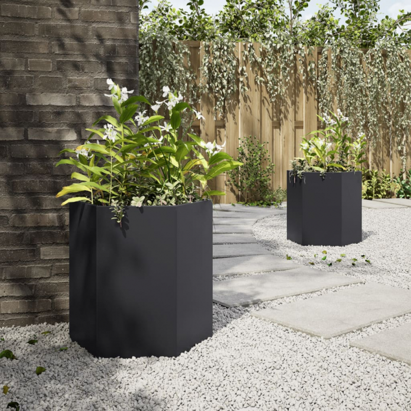 Garten-Pflanzgefäße 2 Stück Schwarz Sechseckig 46x40x45 Stahl