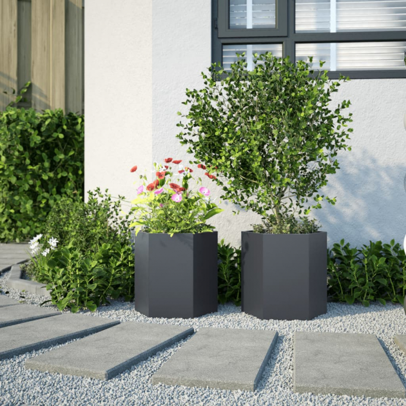 Garten-Pflanzgefäße 2 Stück Anthrazit Sechseckig 46x40x45 Stahl