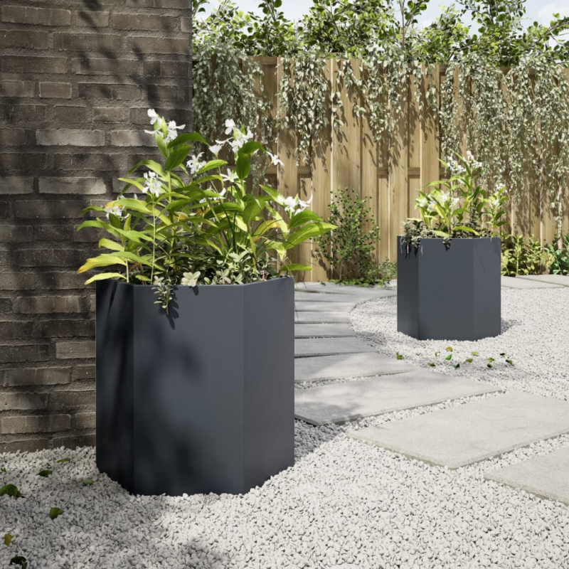 Garten-Pflanzgefäße 2 Stück Anthrazit Sechseckig 46x40x45 Stahl
