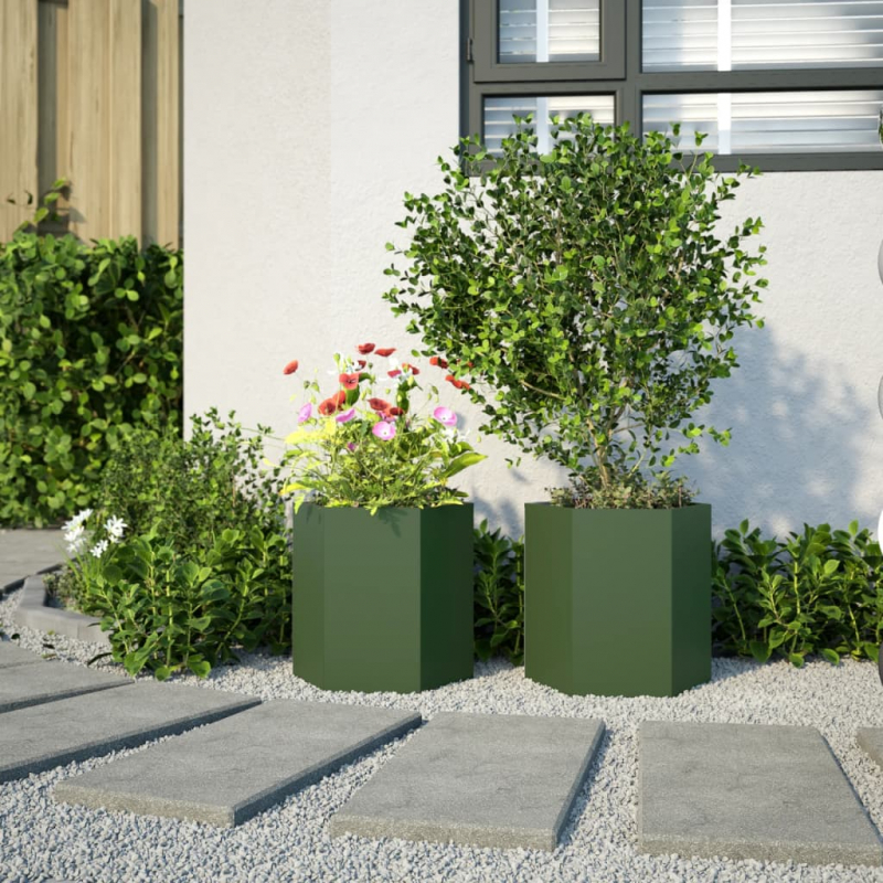 Garten-Pflanzgefäße 2 Stk.Olivgrün Sechseckig 46x40x45 cm Stahl