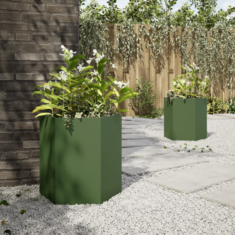 Garten-Pflanzgefäße 2 Stk.Olivgrün Sechseckig 46x40x45 cm Stahl