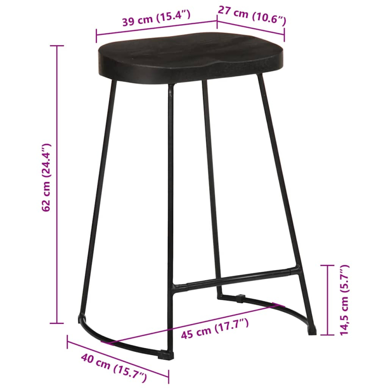 Barhocker 2 Stk. Schwarz 45x40x62 cm Mango Massivholz