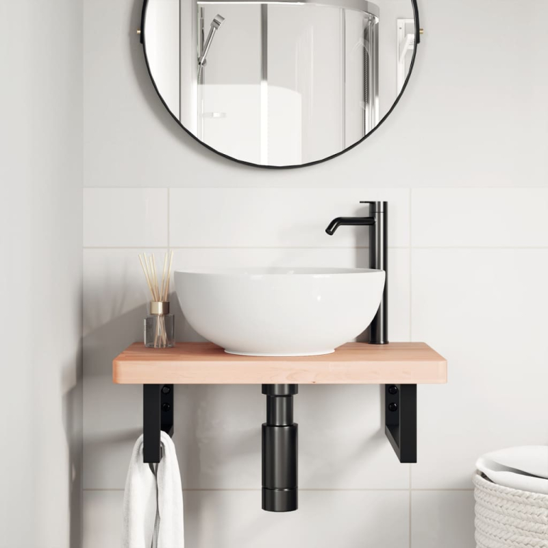 Waschbeckenregal Wandmontage Stahl und Massivholz Buche