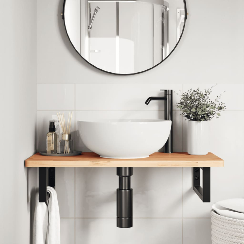 Waschbeckenregal Wandmontage Stahl und Massivholz Buche