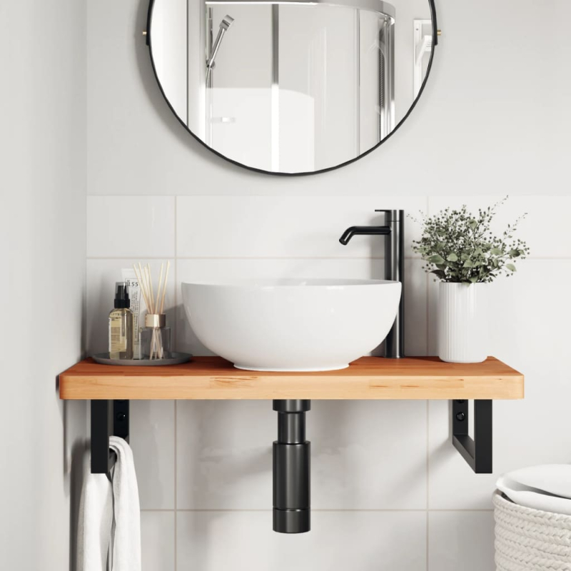 Waschbeckenregal Wandmontage Stahl und Massivholz Buche
