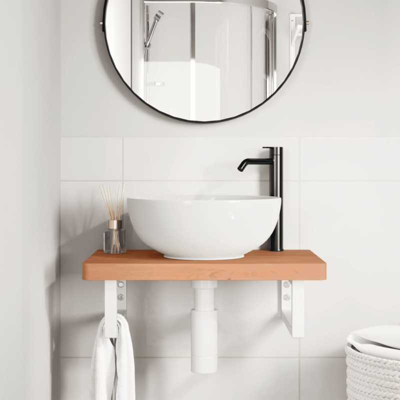 Waschbeckenregal Wandmontage Stahl und Massivholz Buche