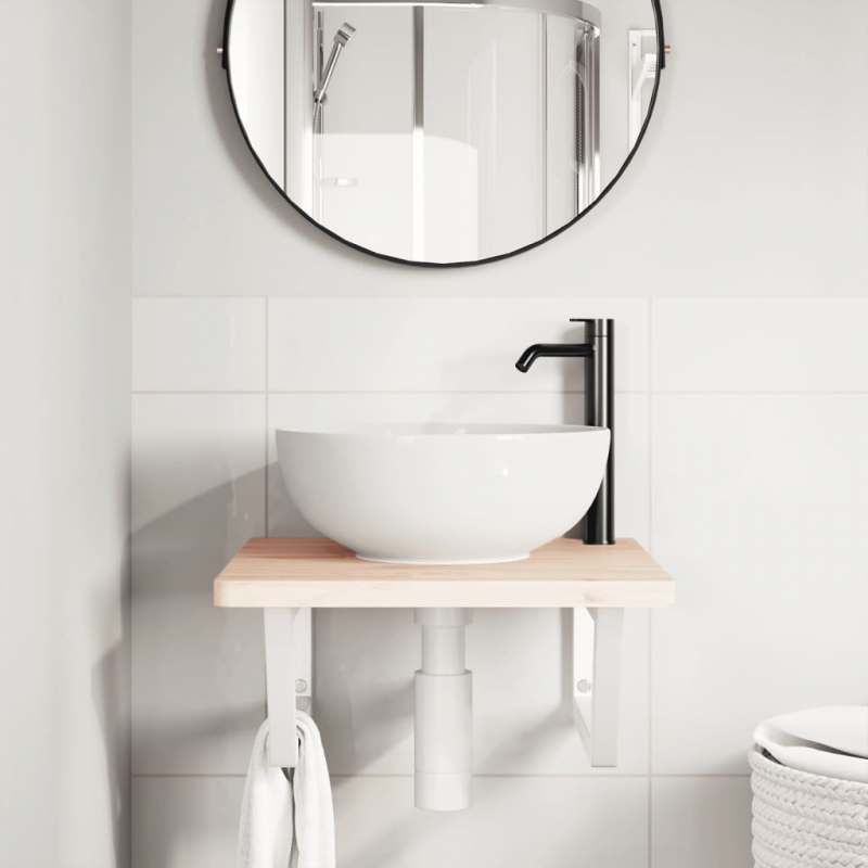 Waschbeckenregal Wandmontage Stahl und Massivholz Buche