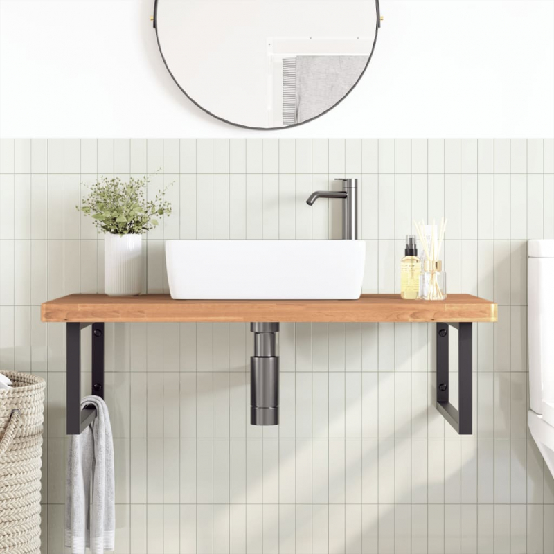 Waschbeckenregal Wandmontage Stahl und Massivholz Buche