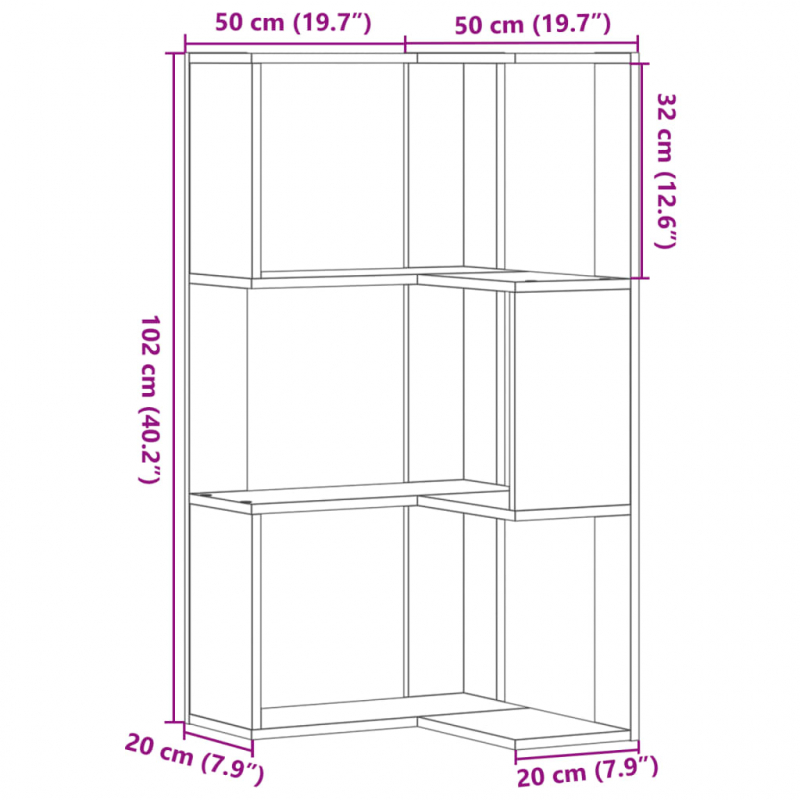 Eck-Bücherregal 3 Böden Altholz-Optik 50x50x102cm Holzwerkstoff