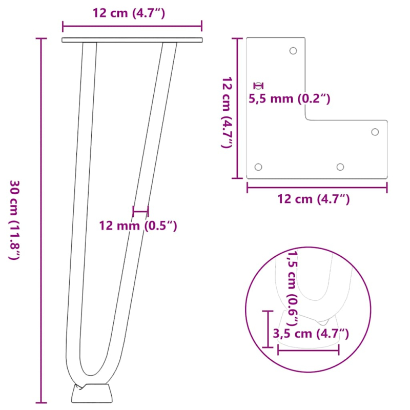 Haarnadelbeine 4 Stk. Anthrazit 30 cm Massivstahl