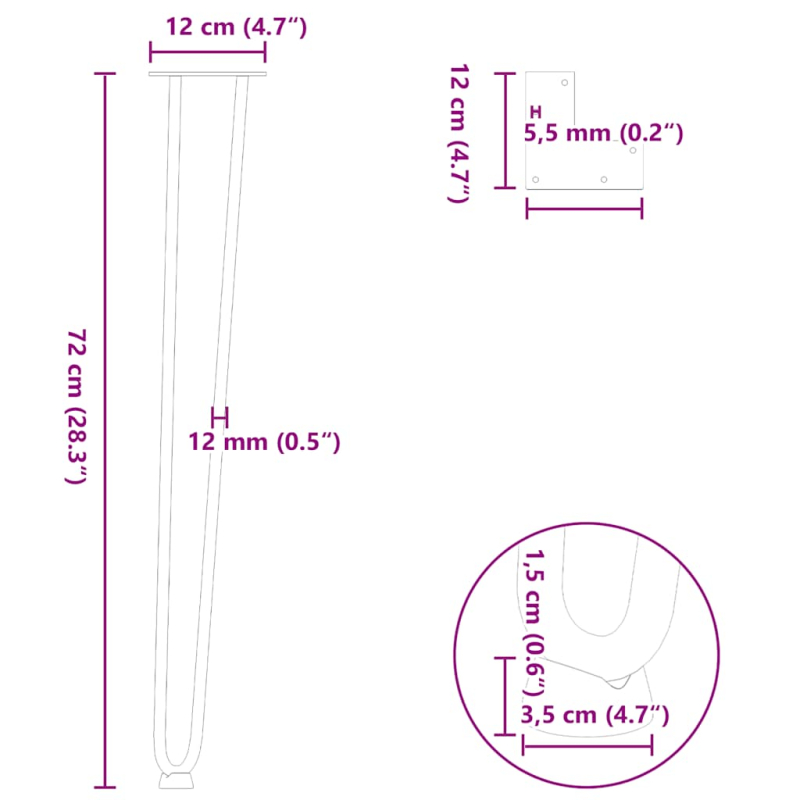 Haarnadelbeine 4 Stk. Schwarz 72 cm Massivstahl