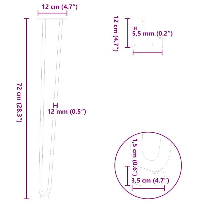 Haarnadelbeine 4 Stk. Weiß 72 cm Massivstahl