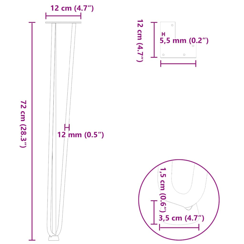 Haarnadelbeine 4 Stk. Schwarz 72 cm Massivstahl