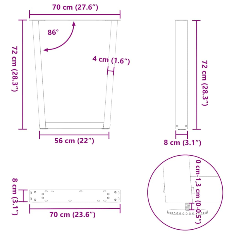 Esstisch Beine V-Form 2 Stück Weiß 70x(72-73,3) cm Stahl
