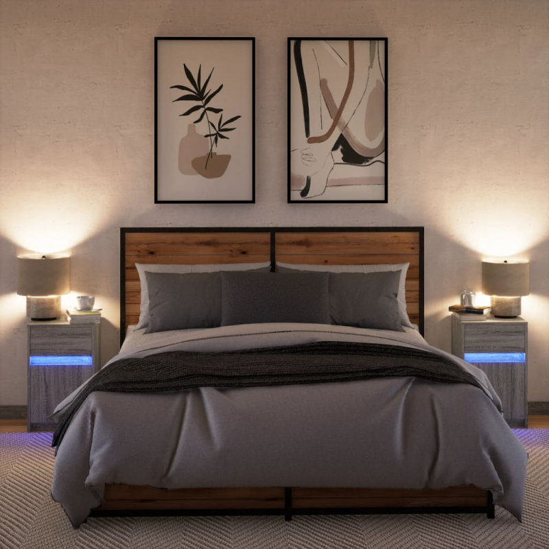 Nachttische mit LED-Leuchten 2 Stk. Grau Sonoma Holzwerkstoff