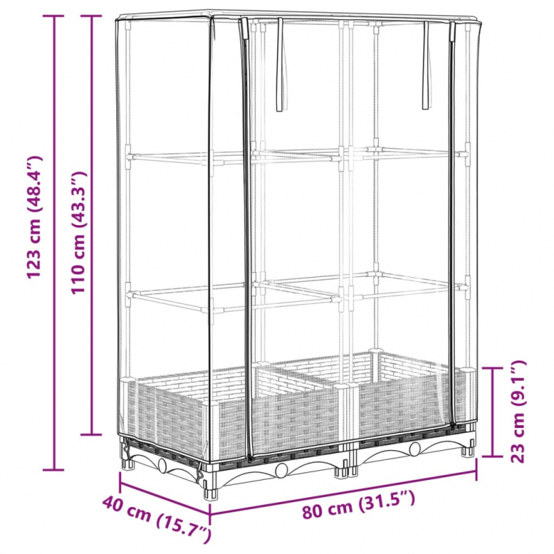 Hochbeet mit Gewächshaus-Aufsatz Rattan-Optik 80x40x123 cm