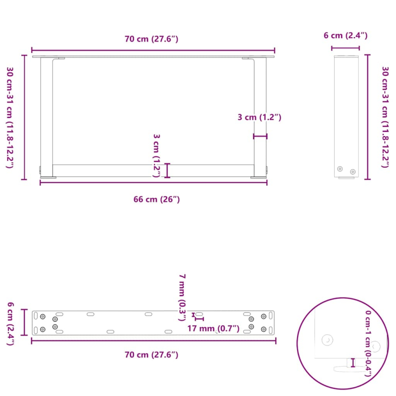 Couchtischbeine U-Form 2 Stk. Weiß 70x(30-31) cm Stahl