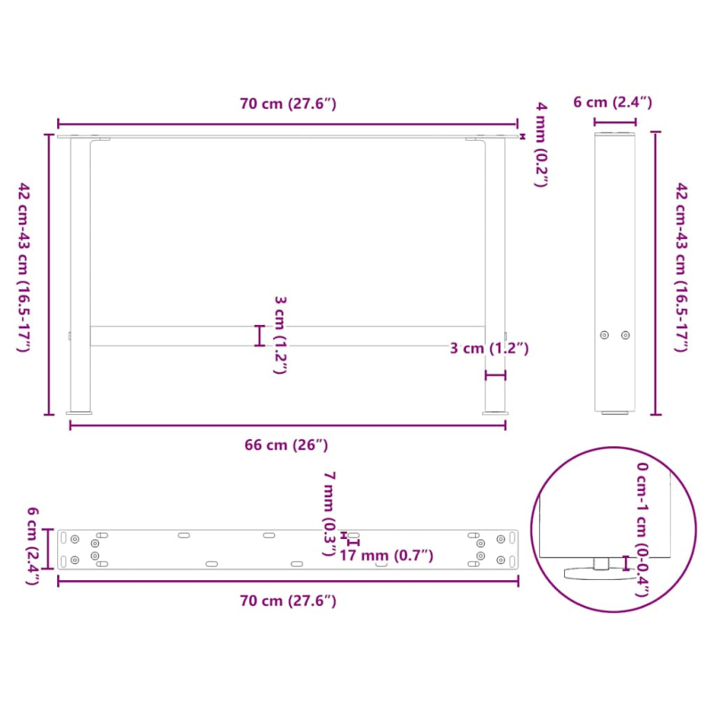 Couchtischbeine Weiß 2 Stk. 70x(42-43) cm Stahl