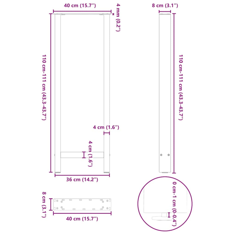 Couchtischbeine Weiß 2 Stk. 40x(110-111) cm Stahl