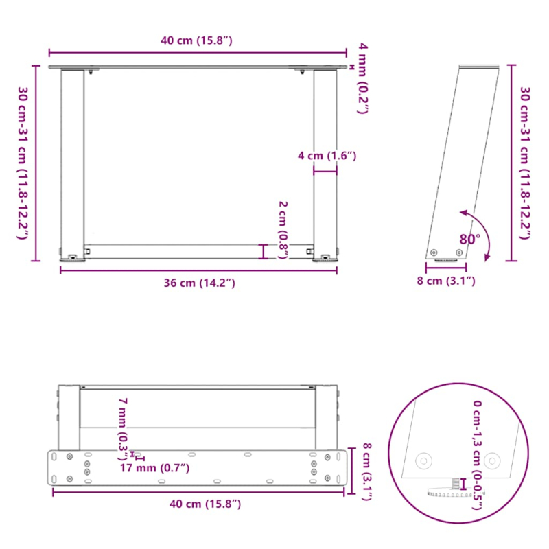 Couchtischbeine U-Form 2 Stk. Anthrazit 40x(30-31) cm Stahl