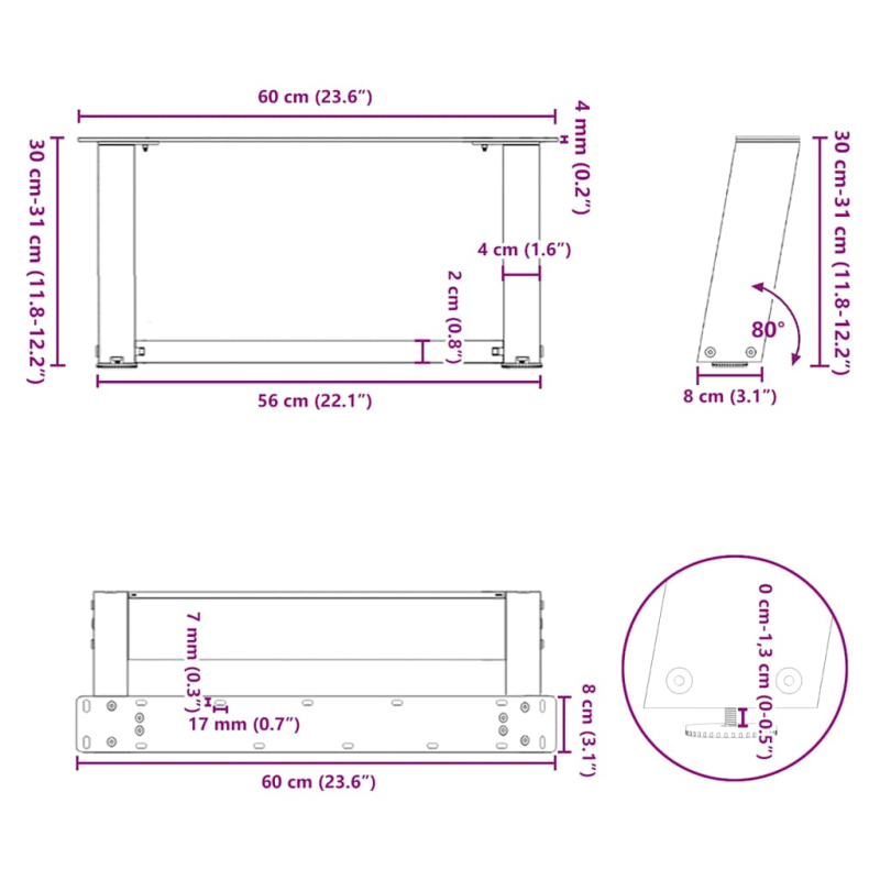 Couchtischbeine U-Form 2 Stk. Naturstahl 60x(30-31) cm Stahl