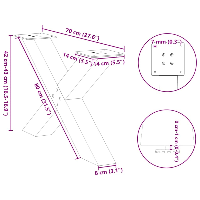 Couchtischbeine X-Form 2 Stk. Naturstahl 70x(42-43) cm Stahl