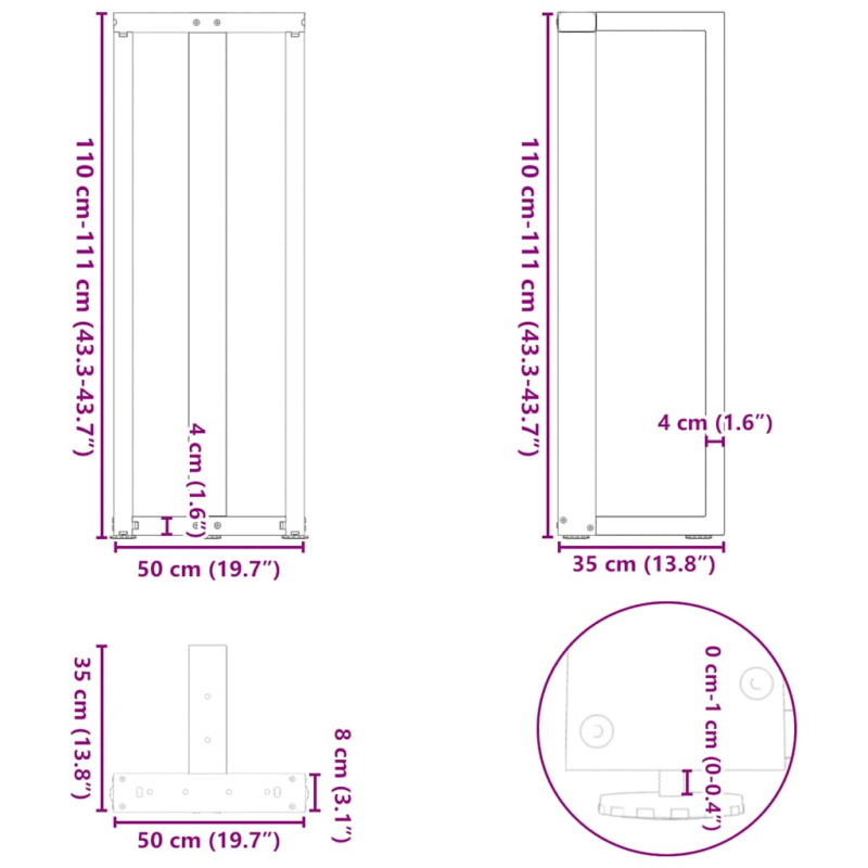 Bartischbeine T-Form 2 Stk. Naturstahl 50x35x(110-111) cm Stahl