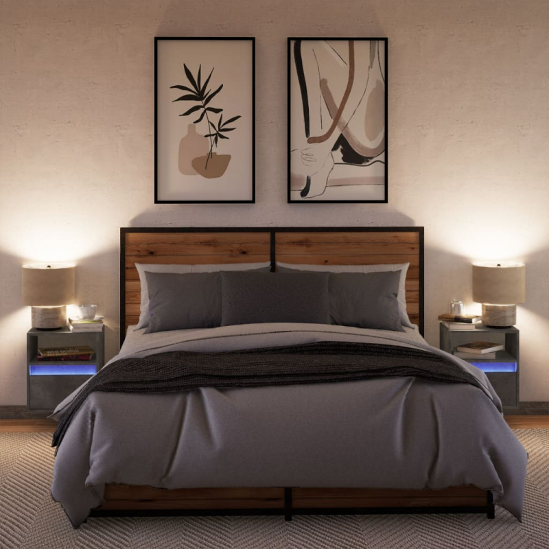 Wand-Nachttische mit LED-Leuchten 2 Stk. Betongrau