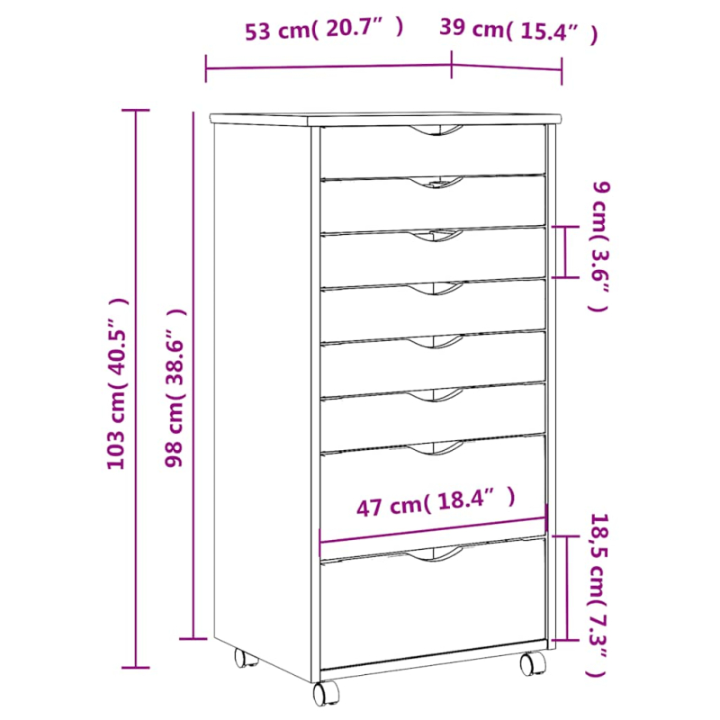 Rollschrank mit Schubladen MOSS Schwarz Massivholz Kiefer