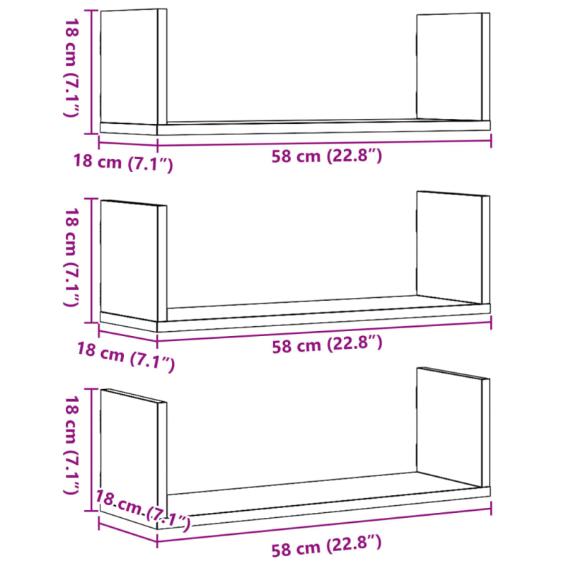 Wandregale 3 Stk. Artisan-Eiche 58x18x18 cm Holzwerkstoff
