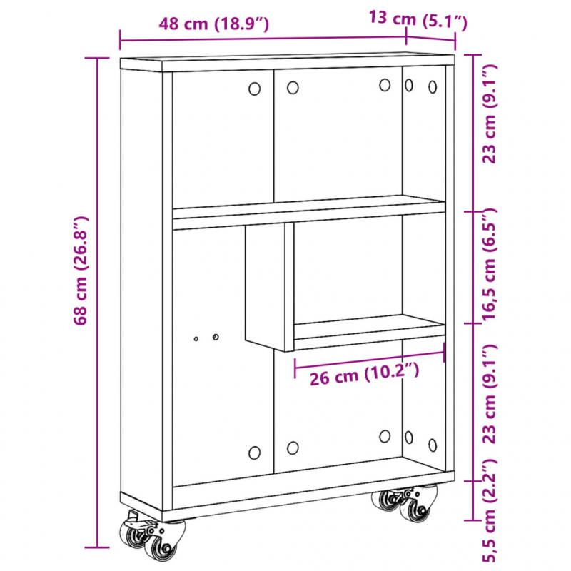 Aufbewahrungswagen Schmal Eichen-Optik 48x13x68cm Holzwerkstoff