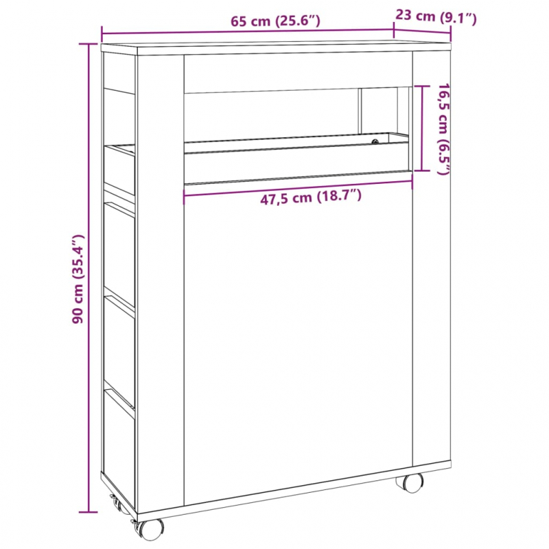 Badschrank Schmal mit Rollen Artisan-Eiche Holzwerkstoff