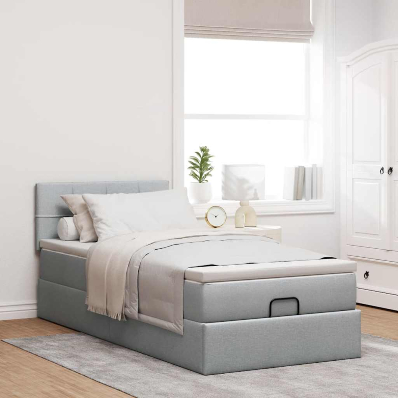 Ottomane Bett mit Matratze & LEDs Hellgrau 80x200 cm Stoff