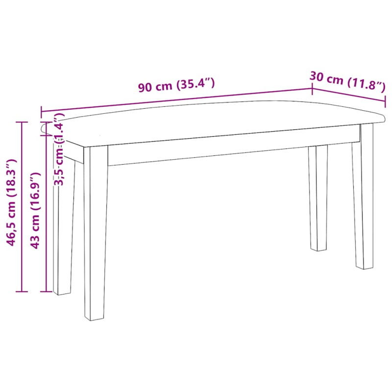 Bank 90 cm Braun Massivholz Gummibaum