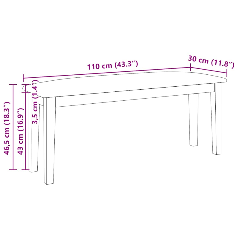 Bank 110 cm Weiß Massivholz Gummibaum
