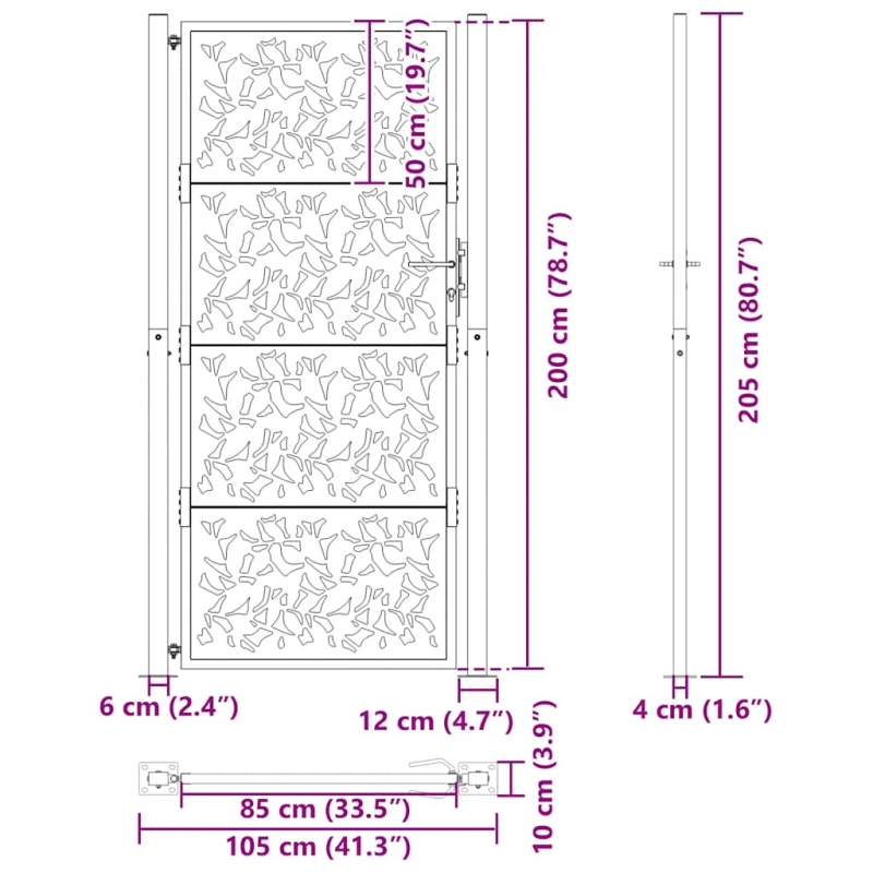 Gartentor Schwarz 105x205 cm Stahl Blatt-Design