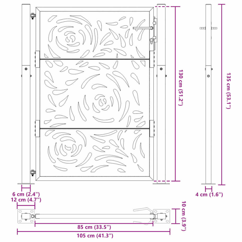 Gartentor Schwarz 105x130 cm Stahl Flammen-Design