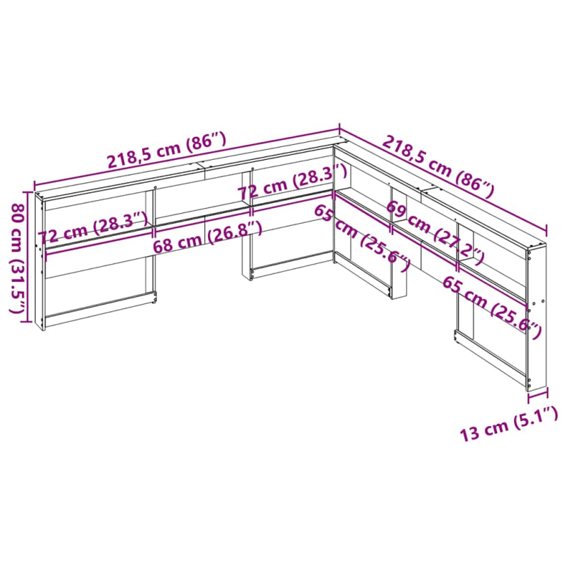 Kopfteil mit Bücherregal L-Form Weiß 200 cm Massivholz Kiefer
