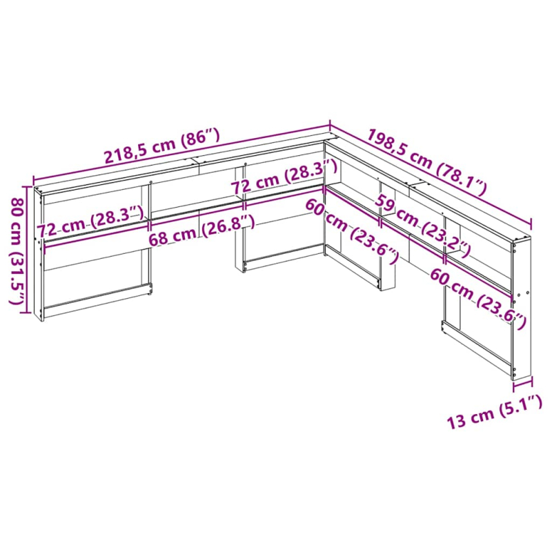 Kopfteil mit Bücherregal L-Form Wachsbraun 180 cm Massivholz