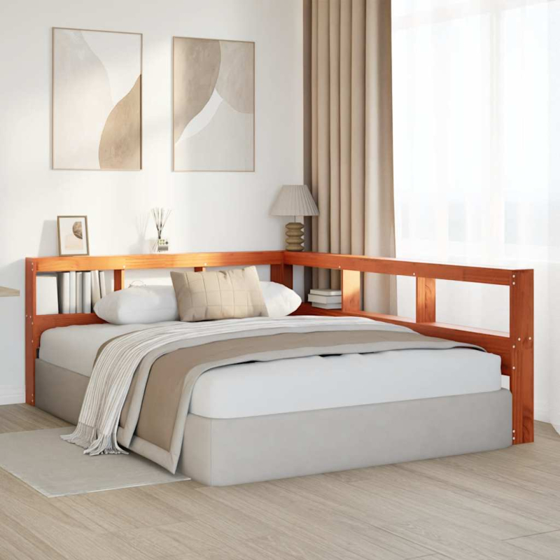 Kopfteil mit Bücherregal L-Form Wachsbraun 140 cm Massivholz