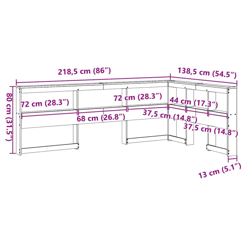 Kopfteil mit Bücherregal L-Form 120 cm Massivholz Kiefer