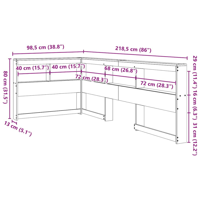 Kopfteil mit Bücherregal L-Form 80 cm Massivholz Kiefer
