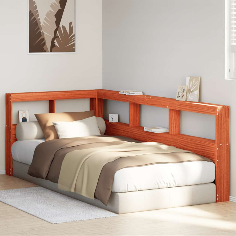 Kopfteil mit Bücherregal L-Form Wachsbraun 80 cm Massivholz