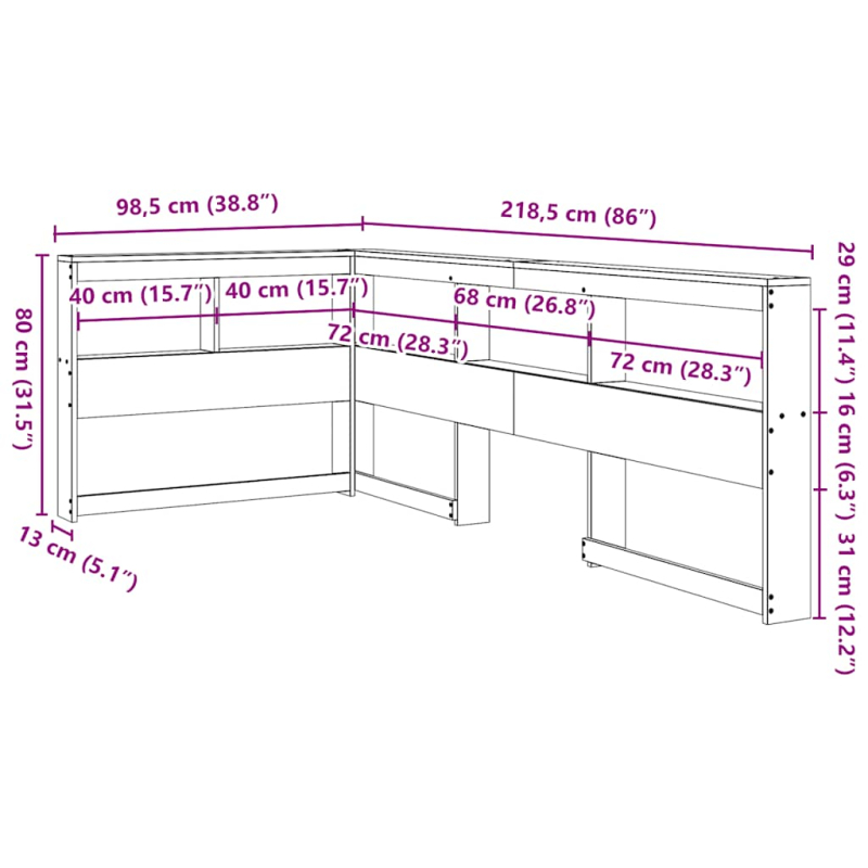 Kopfteil mit Bücherregal L-Form Wachsbraun 80 cm Massivholz